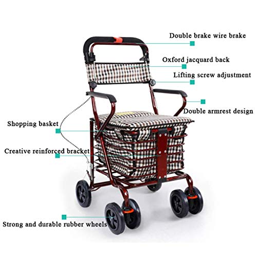 WLKINF Einkaufstrolley mit Sitz/Einkaufswagen/Einkaufswagen/Stahlrahmen, hochwertiger Flanell, hohe Kapazität, Aufbewahrungskörbe/Gehhilfe für ältere Menschen (rot-1) – Bild 4