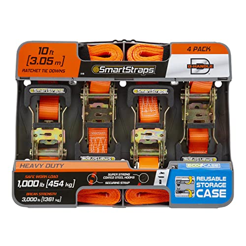 Smartstraps 10-Foot Ratchet Straps (4Pk) – 3,000 Lbs Break Strength – 1,000 Lbs Safe Work Load Haul Heavier Loads Like Motorcycles, Boats And Large Appliances – Heavy-Duty Padded Tie-Downs, Orange (149) #TOP1