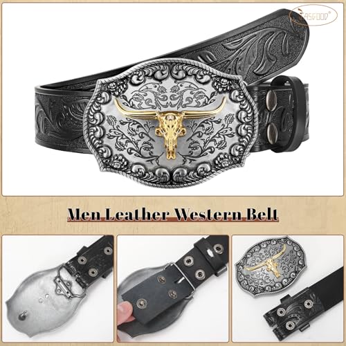 JASGOOD Men Leather Western Belt, Cowboy Cowgirl Country Belt with Longhorn Cow Vintage Engraved Buckle Belt for Jeans,Brown3