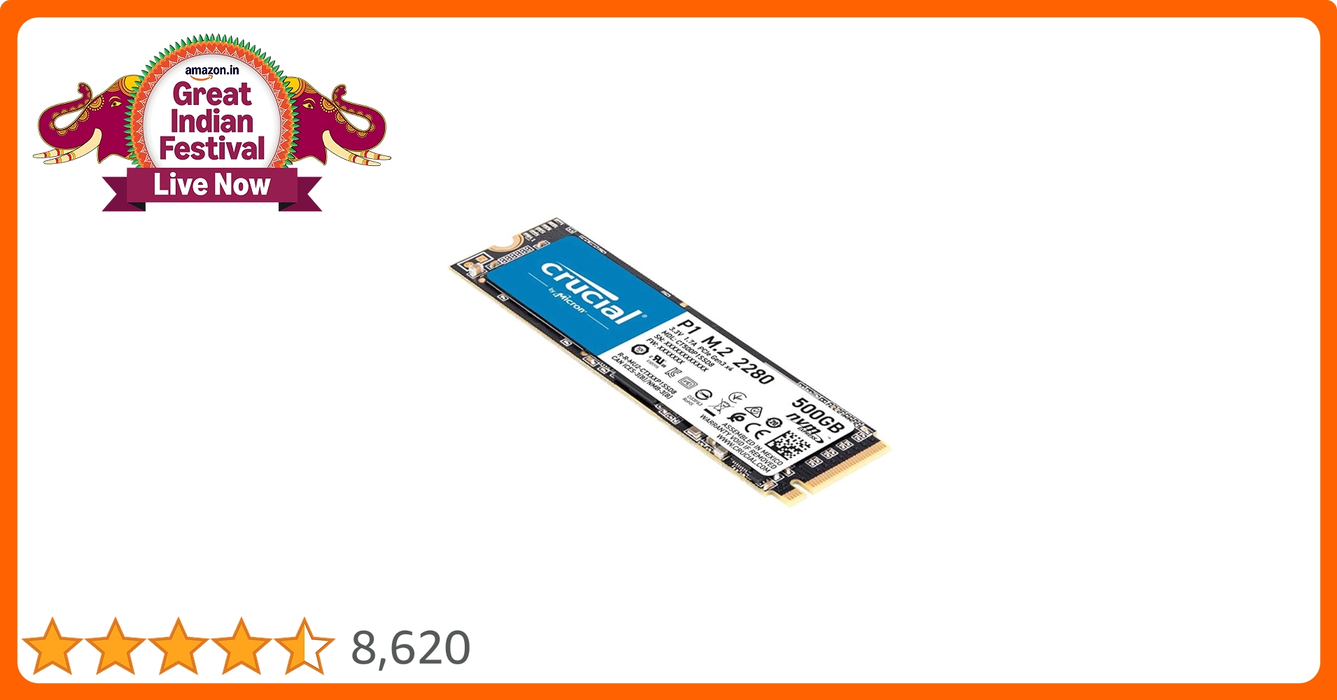 Crucial P1 500GB 3D NAND NVMe PCIe Internal SSD, up to 2000MB/s - CT500P1SSD8