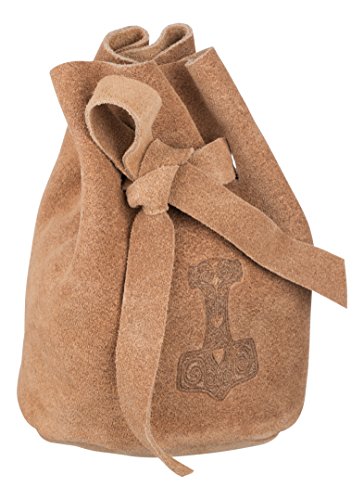 Preisvergleich Produktbild Lederbeutel,Tabakbeutel, Beutel Tabaktasche, Schmuckbeutel, schnürbarer Mittelalter Beutel, Zugbeutel, Wikinger, LARP, Thor, Prägung Thorshammer, Mjölnir (braun / Natur)