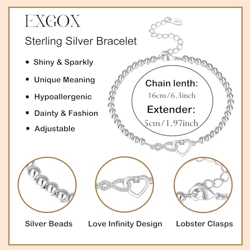 EXGOX Silver Bracelet for Women 925 Sterling Silver Bead Bracelet Infinity Love Heart Ladies Silver Bracelet Adjustable Friendship Bracelets Jewellery Gifts for Women - Image 7