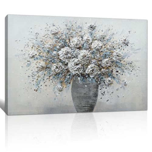 FajerminArt Retro Blue Grey Blooming Flowers in Vase Framed Canvas Wall Art, Rustic Retro Pictures Printed Poster Painting on Canvas Wall Decor for Bedroom Living Room Bathroom Ready to Hang 40×60CM