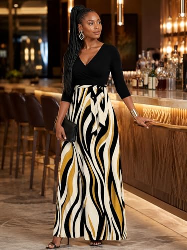 Image of Women's V Neck Floral Maxi Dress 3 /4 Sleeve Plus Size Boho Wrap Flowy Long Dresses with Belt