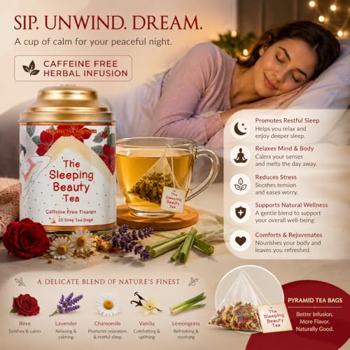 Image of Sancha Tea Boutique, Sleeping Beauty Tea, 25 Pyramid Tea Bags, Caffeine Free Herbal Tisane, Good for Bedtime and Sleep, Blend of Lavender /Chamomile /Vanilla /Rose