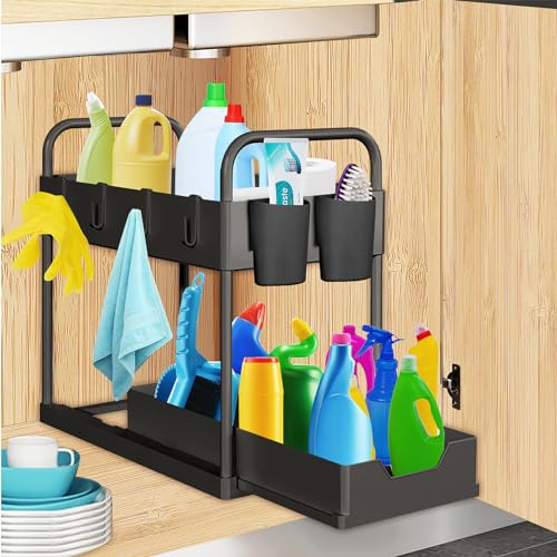 LIFOCI Estantería de 2 niveles bajo el lavabo, organizador de cocina con 4 ganchos y 2 tazas, estante para especias, estante de encimera con cajón deslizante, estantería para armario de cocina,