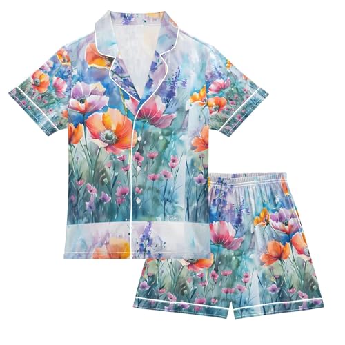 senya Watercolor Flowers A Satin Summer Pajama Sets Silk Short Sleeve Button Down Sleepwear