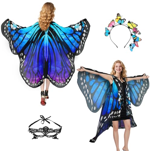 Schmetterlingskostüm Damen Schmetterlingsflügel Erwachsene 3-teilig mit doppellagig Schmetterling Flügel Umhang für Fasching Karneval inkl Schmetterlings Kostüm Zubehör Haarreif Gesichtsmaske
