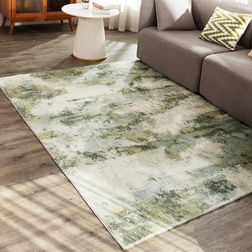 Carvapet 5 x 7 Large Green Rugs for Living Room Bedroom Dorm, 5x7FT Sage Green Modern Abstract Low Pile Carpet with Rubber Backing, Foldable, Non Slip Machine Washable Area Rug