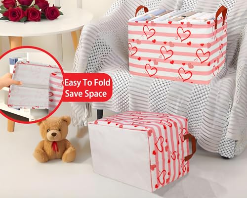 Image of Large Valentine's Day Basket Heart Shaped Storage Bin for Gifts Collapsible Organizer Room Decor (Pink Horizontal Bar Love)