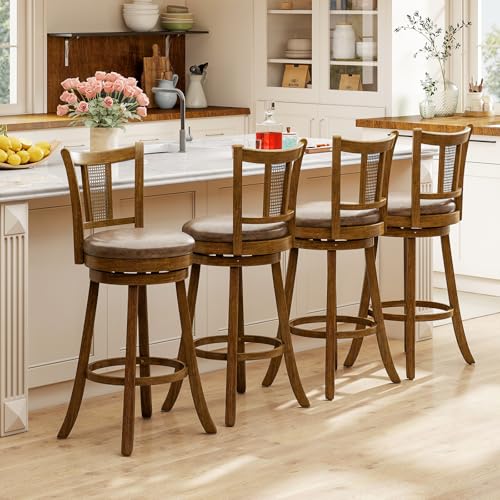 COSTWAY Butaco Silla de Barra Set de 4, Madera Maciza de Caucho con Asiento Giratorio y Tapizado en Cuero Sintético, Respaldo Curvado de PE Rattan, Marrón, Altura de Asiento 30” miniatura 2