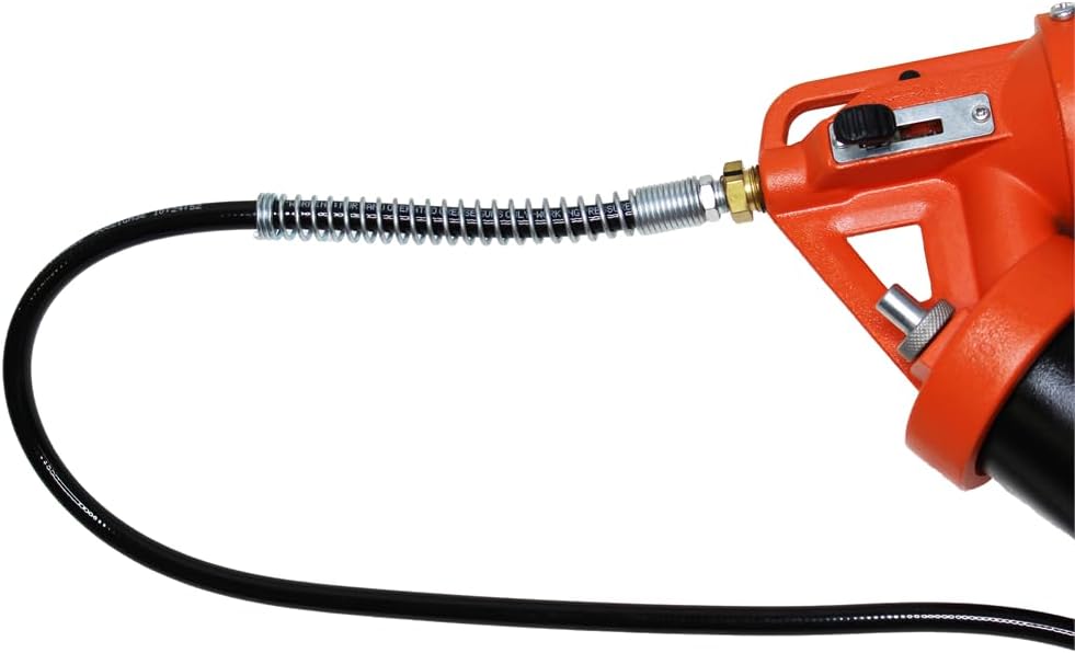 K Tool International XD73901 Pneumatic Pistol Grip Grease Gun for Garages, Repair Shops and DIY, Dual Mode, Ergonomic Angled Design, 30" Hose and Coupler, 14oz Bulk Loader w/Air Bleeder, Black/Orange