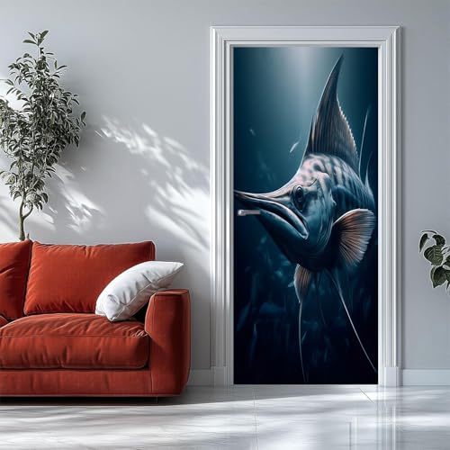 Pegatinas 3D para Puertas de Interior Pez vela Animales marinos Mural de Puerta Autoadhesivo, Extraíble, para Dormitorio, Sala de Estar, decoración del Hogar, 80 X 200 Cm