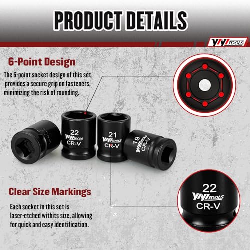 Yiyitools KP005 17Pcs 1/2 " Drive Shallow Impact Socket Set(8-24Mm),Metric Socket Set,6-Point,Cr-V Steel thumb #2