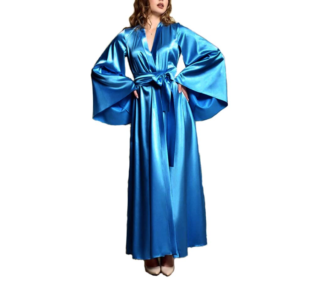 Women Satin Kimono Dressing Gown,Soft Silk Robe Luxury Full Long Bathrobe Grace Comfortable Pajamas Can Be Worn Outside Loungewear Nightgown Large blue