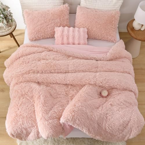 Smoofy Fluffy Twin Comforter Set, Faux Fur Comforter Set Pink, Luxury Fuzzy Twin Bedding Set Pink, Soft Shaggy Bed Set for All Season, 2 Pieces - 1 Comforter & 1 Pillowcase, Blush