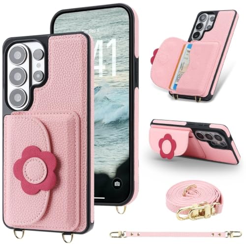 Pochette Samsung Galaxy S26 en cuir rose avec coque silicone et fentes cartes
