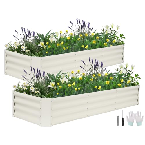 BIRDSINYARD Galvanized Raised Garden Bed - 6x2x1ft (2Packs) Metal Garden Planter Box Outdoor | Steel Raised Bed Kit with Bracing Rods Gloves for Gardening Vegetables Fruits and Flowers (White)