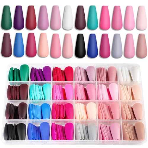 LADYING 24 Couleur (576 PCS) Mat Cercueil Faux Ongles Long,Full Cover Press on Nails Lot avec Gel Pad,Ballerine Faux Ongle avec Colle Pour Femme et Ado,French Coffin...