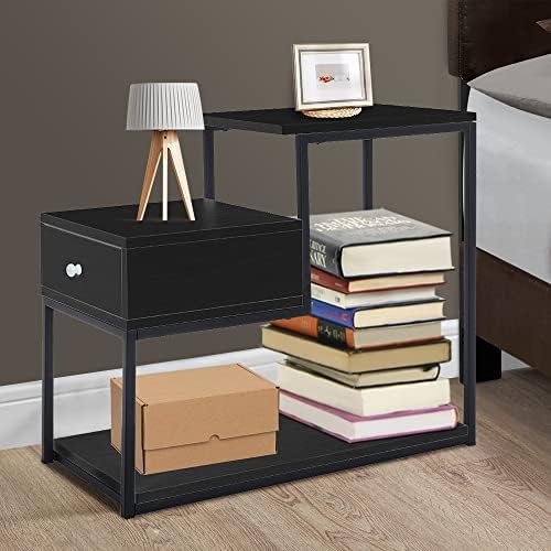 INMOZATA Ladder Shaped Side Table 3 Tier End Table Slim Bedside Table Sofa Side Table with Drawer Storage Shelves for Living Room Bedroom (Black)