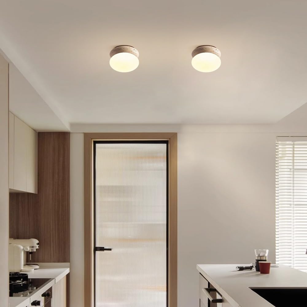 Jadssox Trawertynowa Lampa Sufitowa 5,9" Wabi Sabi Oprawa Oświetleniowa Kamień Naturalny Oświetlenie Blisko Sufitu Biały Szklany Klosz Nordyckie Plafon Do Wyspy Kuchennej Przedpokój Przedpokój