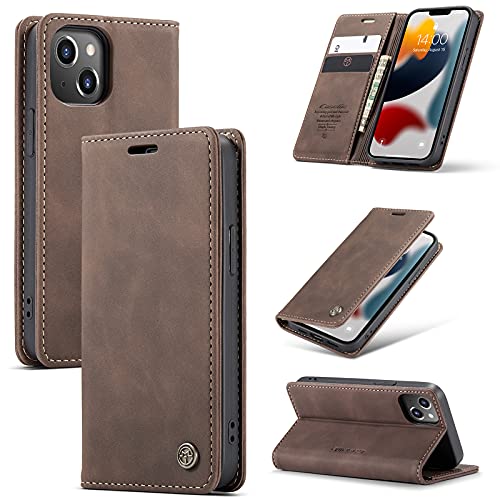 owlhold Handyhülle iPhone 13 Mini hülle klapphülle Premium Lederhülle Weiches Vintage-Nubukleder Faltbare Ständer Schutzhülle Kartenfach Standfunktion hülle iPhone 13 Mini - Kaffee