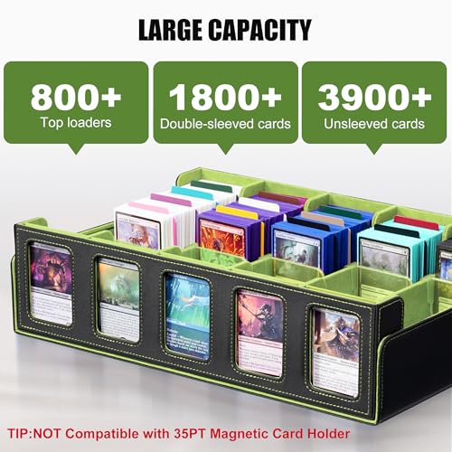 Image of Kabinka Card Storage Box with Commander Display, 5-Row Deck Case with Removable Lid; 3900+ Card Deck Box for MTG Sports Cards, 5 Top Loaders, 5 Stoppers, 48 Dividers,1 Dice Tray (Black & Lemon Green)
