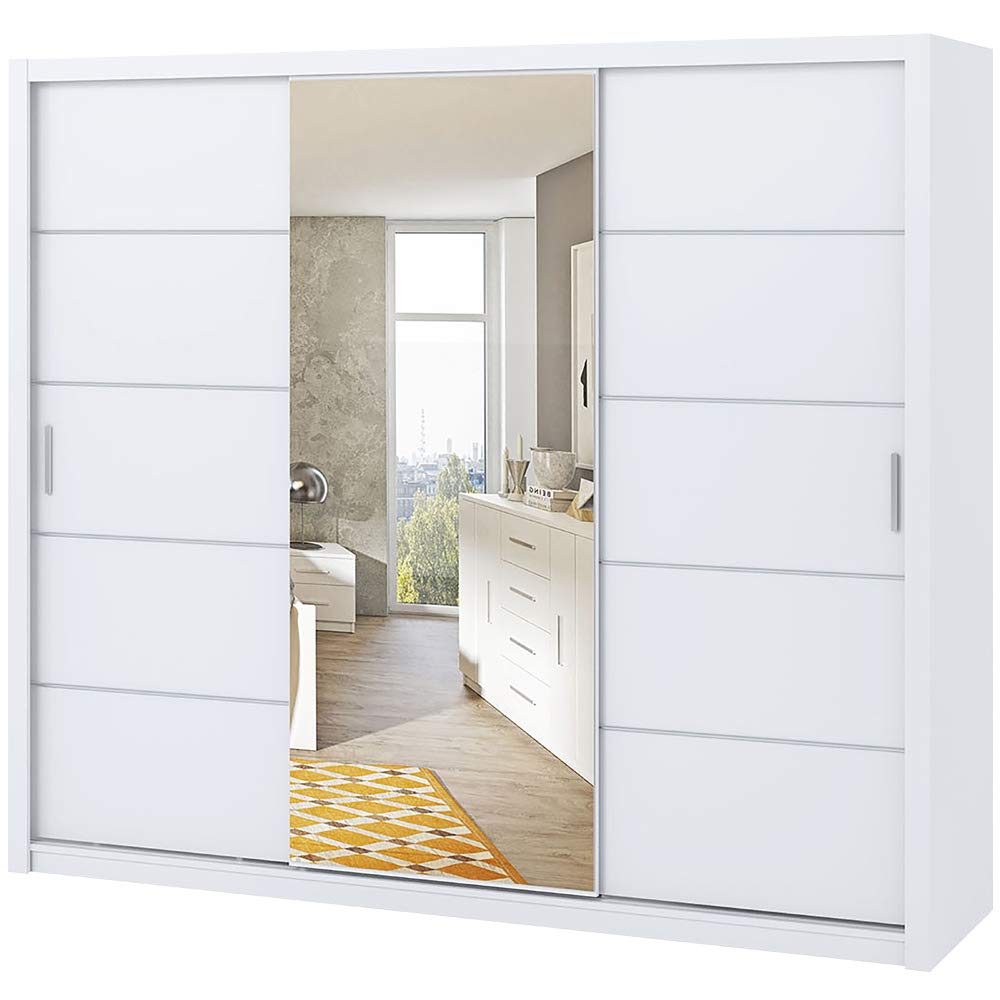 Selsey Rinker – Schwebetürenschrank/Kleiderschrank 3-türig mit Spiegel, 2 Kleiderstangen, 250 cm cm (Weiß Matt)