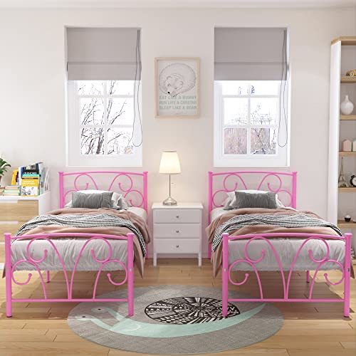 Timy Pink Kids Twin Bed Frame With Headboard And Footboard, Metal Platform Bed Frame With 12 Inch Storage Space For Boys Girls Teens Adults, No Box Spring Needed #TOP5