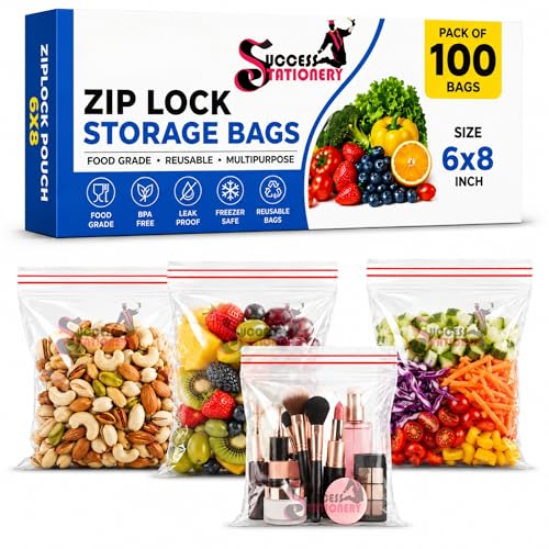 Image of Success Stationery Zip Lock Bags 6 inchx8 inch 100 Pcs - Reusable Transparent Ziplock Pouch for Clothes, Fridge Food Storage, Snacks & Travel Packing - Thick Resealable Zipper Cover