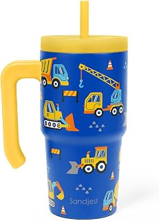 SANDJEST Construction Tumbler 20oz with Handle and Silicone Straw Lid for Kid, Insulated Stainless Steel Cup, Gift for Kids Boys, Gifts Idea for Birthday Christmas Back to School