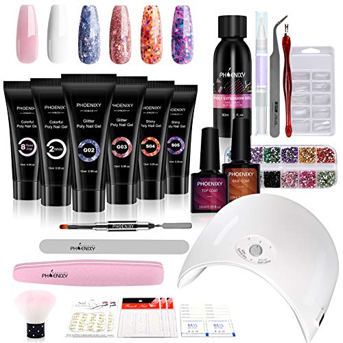 Phoenixy Poly Nail Gel Kit, 6 Colors Poly Nail Extension Gel Kit with 36W LED UV Nail Lamp Basic Tools Nail Strengthener All In One Kit for Nail Manicure Beginner Starter Kit