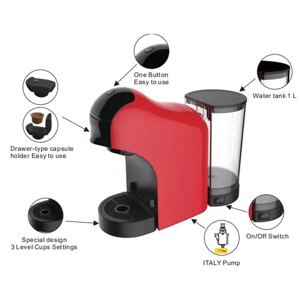 Cafetera de cápsulas de 15 barras, cafetera de cápsulas de 1400 W, 1 litro, máquina de capuchino de una sola porción para lattes y capuchinos