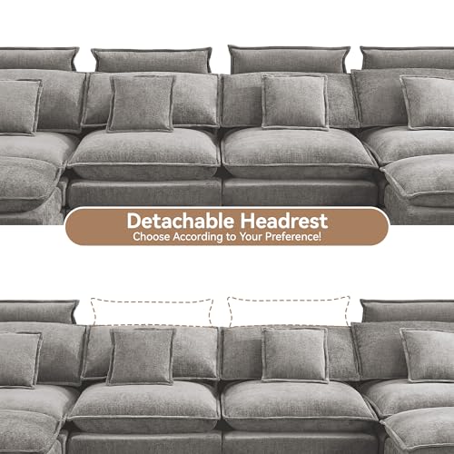 Image of 134'' Cloud Modern 4 Seater Couch with Detachable Headrest, Modular Sectional Sofa with 2 Ottoman, Oversized U Shape Chenille Comfy Sofa with Armrests for Living Room, Light Grey