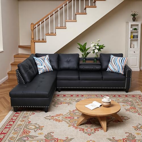 Trygoal L-Shaped Sectional Sofa, Modern 4-Seat Couch with Built-in Cup