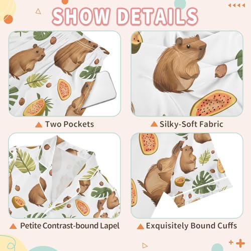 senya Cute Capybara Tropical Fruits 1 Satin Summer Pajama Sets Silk Short Sleeve Button Down Sleepwear3