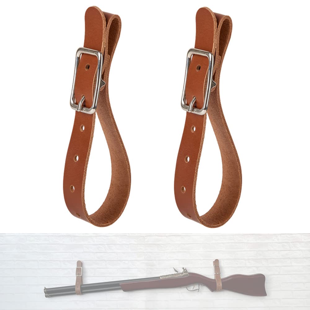 DeYoungArbeit Leather Hanging Straps Gun Rack Wall Mount Display for Rifle Shotgun Axe Hatchet Tool Sword Umbrella (2, Nickel)