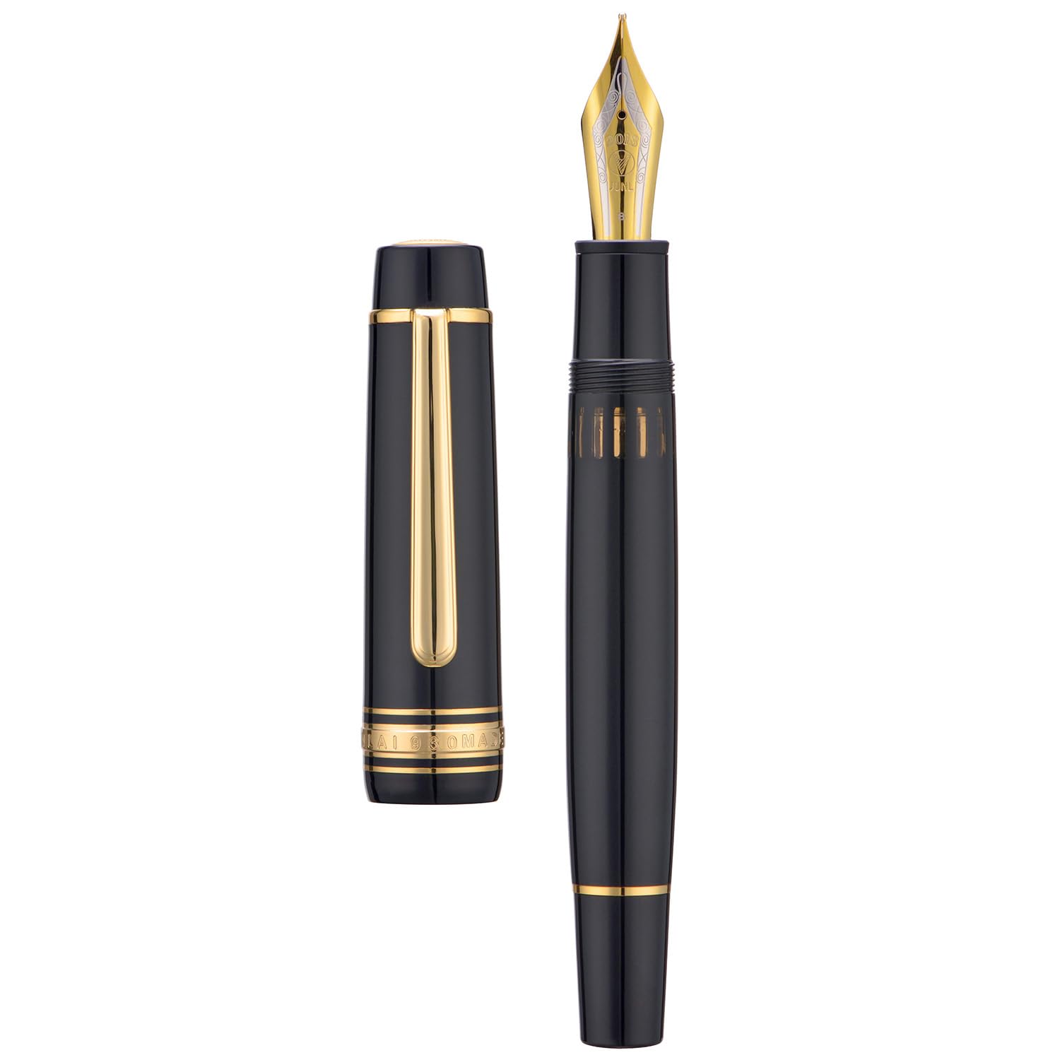 Yongsheng 930 Acrylic Fountain Pen, Size 9 Broad Nib with Piston Filling System, Piano Black Fence Ink Tank with Flat Top Design Smooth Writing Pen (Gold Trim) — image 1
