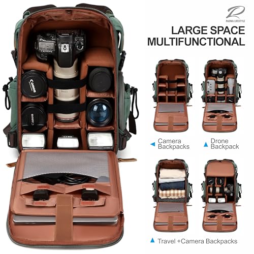Padwa Lifestyle Green Camera Backpack - Professional DSLR & UAV Camera Bag,Anti Theft Canvas Camera Backpack with Rain Cover,Large Capacity Photography Travel Camera Bag with Multi Compartments3