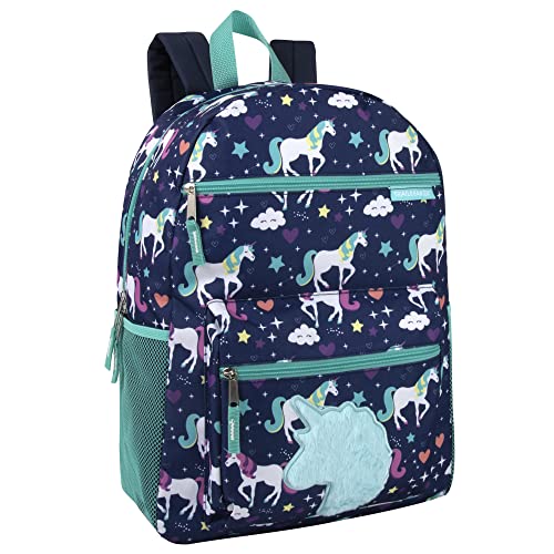 Trail maker Mochilas escolares infantis de 43 cm para meninas com bolsos laterais, alças acolchoadas, Unicórnios de pelúcia empinando, Medium, Viajar