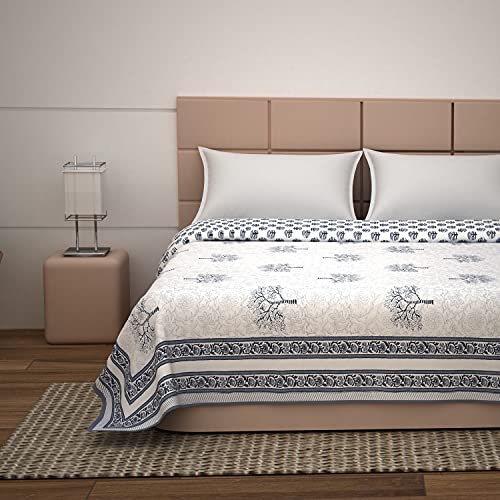 Image of BLOCKS OF INDIA 100% Cotton Dohar King Size Reversible Hand Block Printed Malmal Summer Dohar /Blanket (Grey Tree)