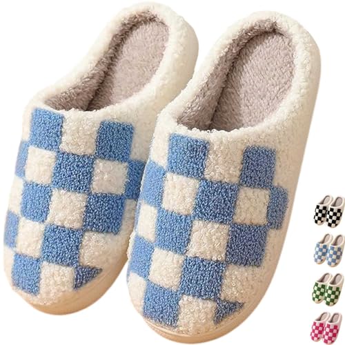 Image of Checkered Slippers for Women and Men - Fuzzy House Slippers with Memory Foam, Comfy Plush Fluffy Indoor House Shoes, Cozy Warm Slip on Bedroom Slippers with Non-Slip Sole