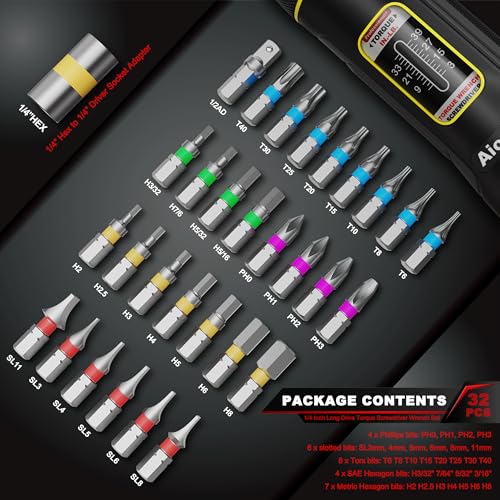 Image of Long Shank Torque Screwdriver Set, 3-39 Inch Pounds lbs, 32 Piece 1 /4 inch Drive Torque Screwdriver Wrench with S2 Steel Bits for Bicycle Mechanics, Mechanical Equipment, and Mounting