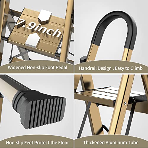 5 Step Ladder, Folding Step Stool, Lightweight Aluminum Foldable Ladder With Anti-Slip Wide Sturdy Pedal And Handgrip, Multi-Use For Home, Library, Office, Garage - Brown Gold (330 Lbs Capacity) #TOP6