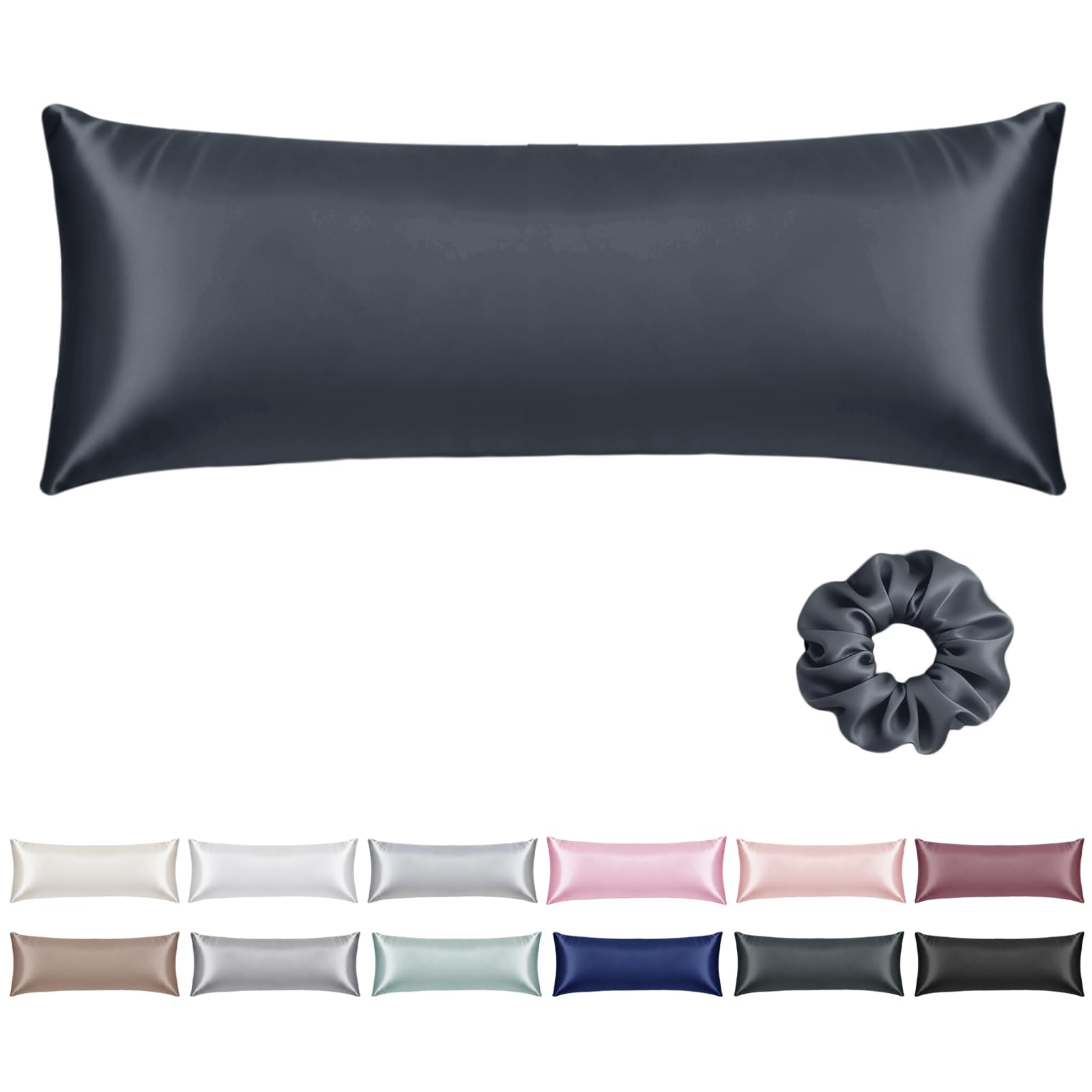Vielit Satin Body Pillow Cover 1pc,Silky Body Pillow Pillowcase Similar to Silk Pillow Cases Soft Long Pillowcase 20x54 & Envelope Closure, for Women Men Dark Grey & 1 Satin Scunchie