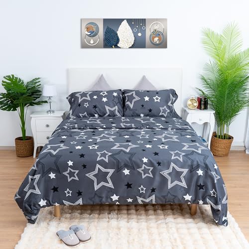 H HANSEL HOME Funda Nordica Cama 150 de 4 Piezas Transpirable Suave al Tacto 100% Microfibra, Funda Edredón 220x240cm, Bajera 150x200cm con 2 Fundas de Almohada 50x90cm - Cielo Estrellado