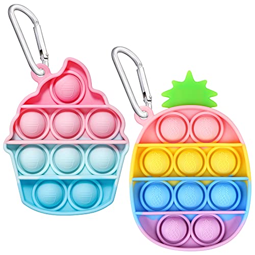 EVERMARKET Push Pop Bubbles Fidget Sensory Toy Keychains, 2 Pack Mini Ice Cream Pineapple Bubble Popper Stress Reliever Silicone Relax Toys Keychain, Rainbow Color Pop Bubble Fidget Block Toys, K-023