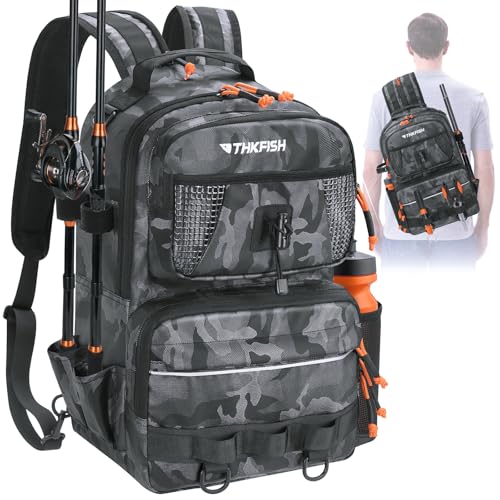 THKFISH Fishing Backpack Tackle Sling Bag, 20L Tackle Backpack with Rod Holder Store Fishing Gear, Gifts for fishermen