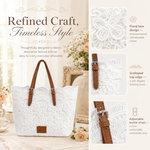 White Lace Purse for Women, Boho Shoulder Handbag with Ribbon Detail and PU Leather Strap, Beige Summer Small Tote Bag for Beach Vacation, Travel, Shopping and Daily Use - image 4