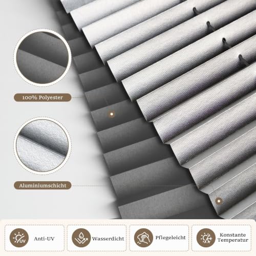 Plissee ohne Bohren Verdunkelung Klemmfix Grau 65x140cm Thermo Plissees 100% Verdunklung Rollos für Fenster & Tür Verdunklungsplissee ohne… – Ansicht 2